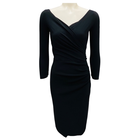 CHIARA BONI LA PETITE ROBE BLACK LONG SLEEVED V NECK STRETCH NYLON COCKTAIL DRES